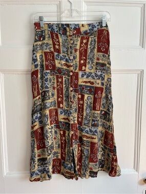 Vintage Button-Front Midi Skirt With Geometric Stamp Pattern